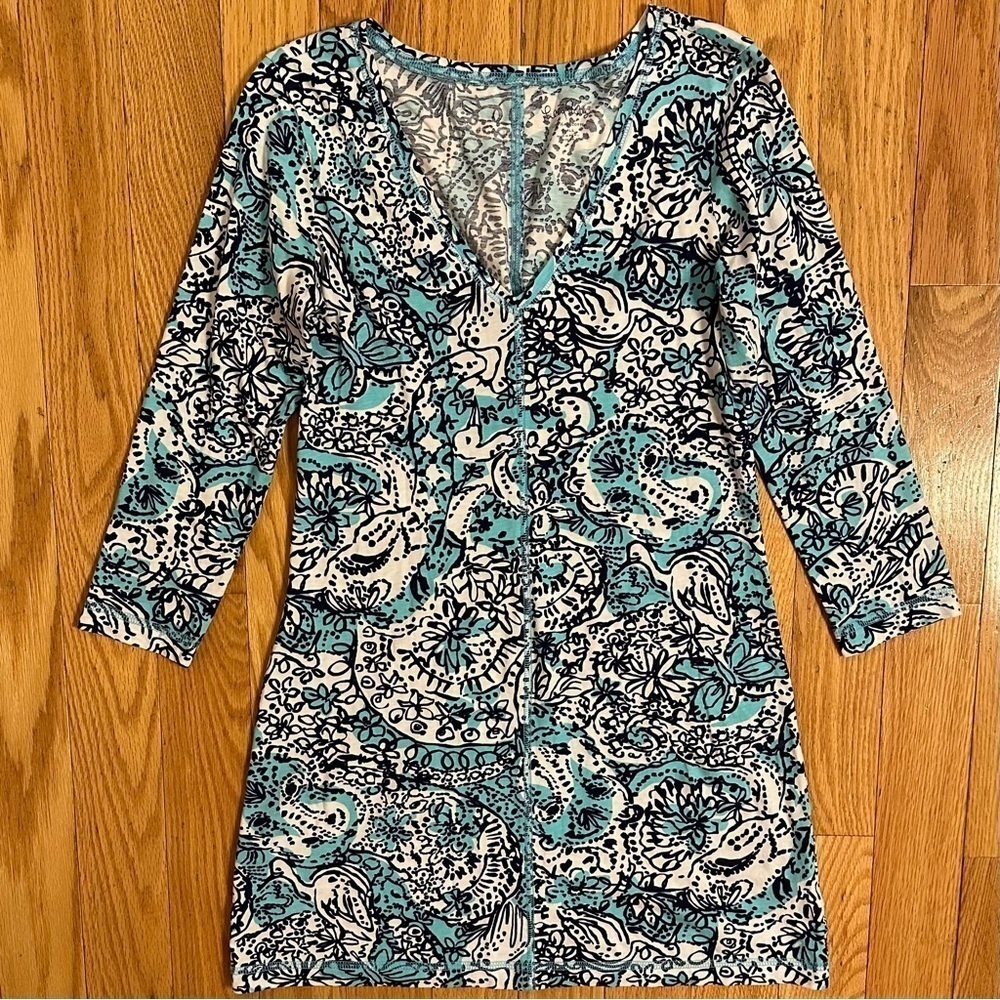 Lilly Pulitzer Blue Juliet V-Neck Dress Pima Cotton Womens Small Turquoise White